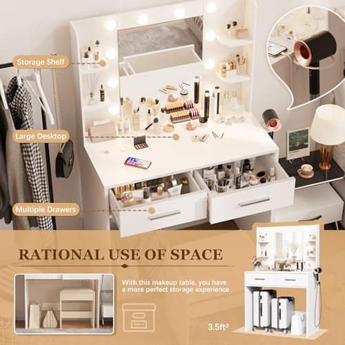 Makeup Vanity Desk with Lighted Mirror, Charging Station, and Bench, White