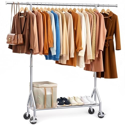 Heavy Duty Rolling Clothes Rack, Adjustable Garment Organizer with Wheels