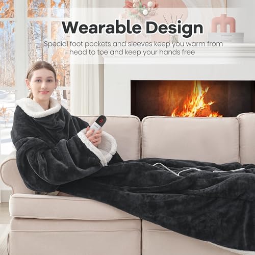 Heated Wearable Blanket with Foot Pocket & Sleeves - Electric Throw