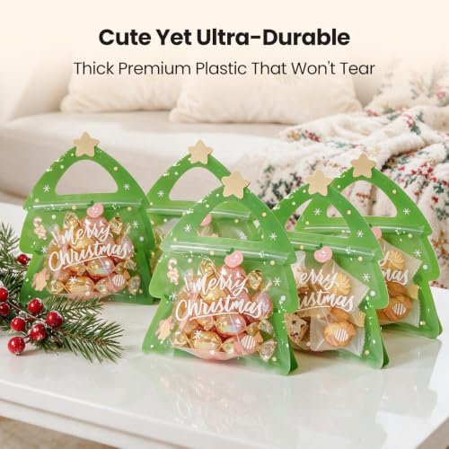 Leafory 50 Pcs Christmas Tree Shaped Treat Bags with Handle, Reusable Gift Bags