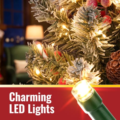 4ft Pre-Lit Snow Flocked Christmas Tree with Berries & Pinecones - Warm LED Lights Timer