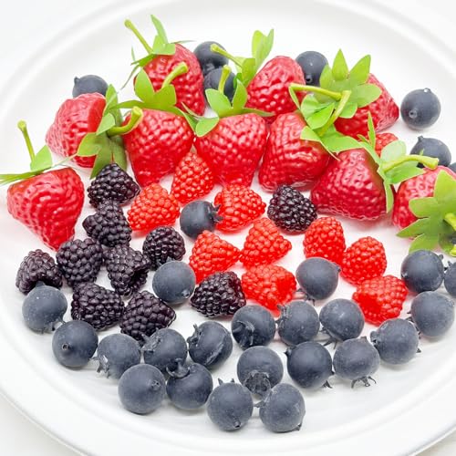 60 PCS Artificial Fruit Set - Fake Blueberries & Strawberries for Decor