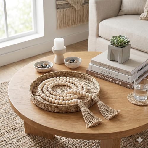 58-Inch Wood Bead Garland with Jute Tassels, Boho Farmhouse Table Decor