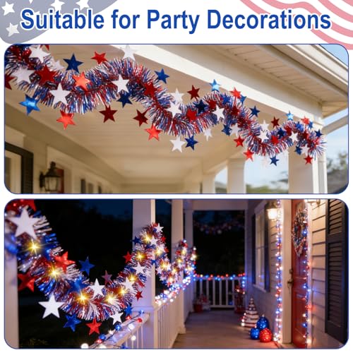13ft 4th of July Lighted Tinsel Garland - Red White Blue Patriotic Party Decor