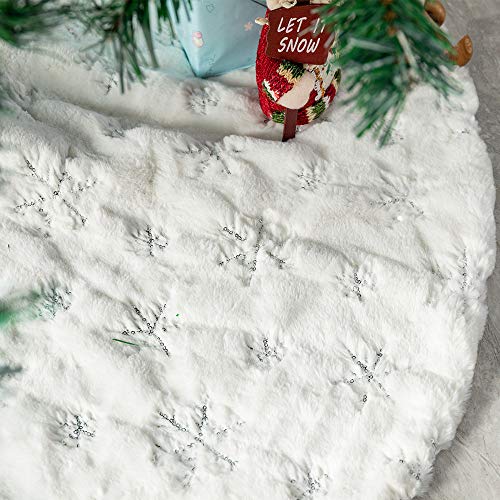 AtiMing White Plush Christmas Tree Skirt 30 Inches Snow White Fur with Silver Sequin Snowflakes