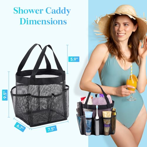 Mesh Shower Caddy Portable Quick Dry Tote Bag with 7 Pockets Black