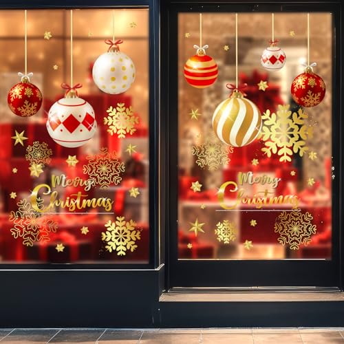 JarThenaAMCS Christmas Ball Window Clings - Double-Sided Red Gold, 9 sheets (7.9 x 11.8 in) – Christmas Ornament Decor