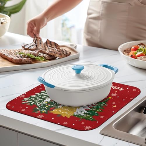 Christmas Kitchen Dish Drying Mat 16x18 Inches, Red Snowflake Tree Pattern, Absorbent Microfiber, Festive Holiday Countertop Mat