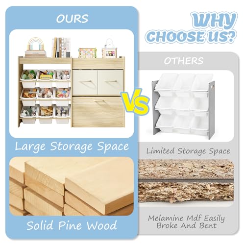 Solid Pine Kids Toy Storage Organizer with 9 Bins, 2 Drawers and Toy Chest