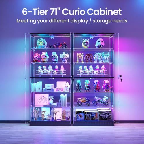 71-Inch 6-Tier Tall Glass Display Cabinet with RGB LED Lights & Mirrored Back