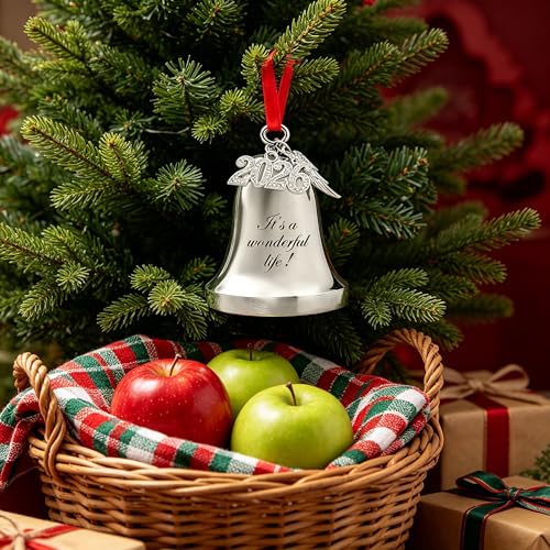 2026 Christmas Bell Ornament with Angel Wing Charm, Silver Metal Keepsake
