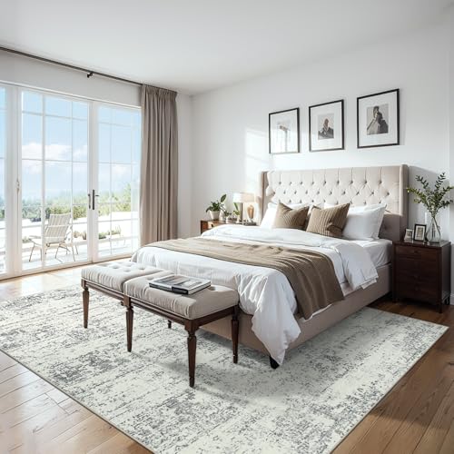 Modern Abstract 8x10 Area Rug - Washable Non-Slip Soft Grey Carpet