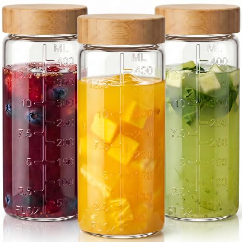 16 oz Glass Juice Bottles with Airtight Bamboo Lids - 3 Pack Reusable Jars