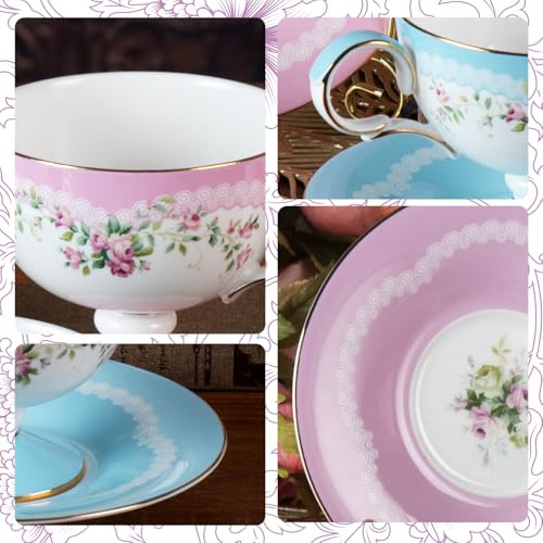 Pink Floral Ceramic Tea Cups Set of 2 with Saucers – Elegant KAMMAK Demitasse Cups