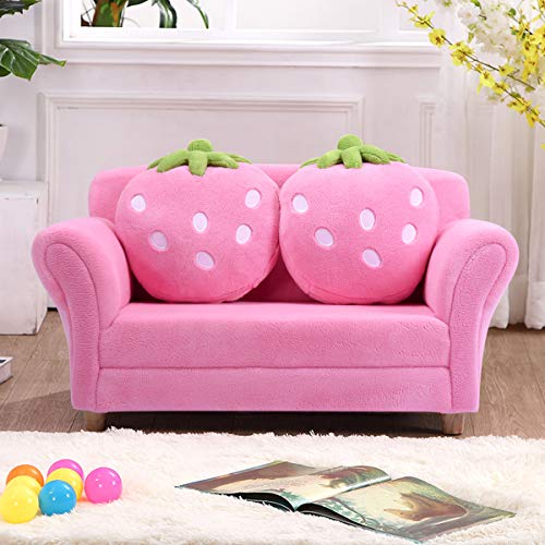 Kids Double Sofa with Strawberry Pillows - Pink Toddler Loveseat