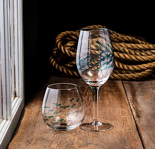 Hand-Painted Fish Stemless Wine Glass Goblet - 21 oz Artisan Glassware