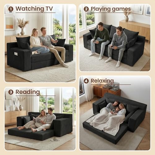 70-Inch 3-in-1 Convertible Sofa Bed, Corduroy Sleeper Couch with 5 Pillows