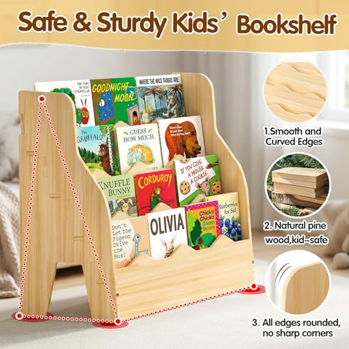 4-Tier Wooden Kids Bookshelf, Front-Facing Montessori Book Organizer