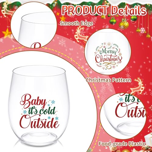Yiyiring 12 oz Christmas Plastic Stemless Wine Glasses - 24 Pack, Holiday Party Drinkware