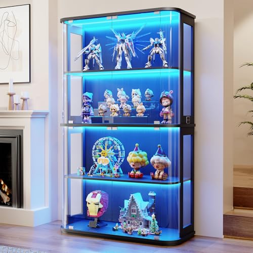 Large 4-Tier Glass Display Cabinet with 3-Color LED Lights and Motion Sensor
