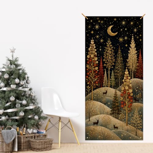 JINYO Whimsical Christmas Tree Reindeer Door Cover — 35x79 in, Festive Curtain