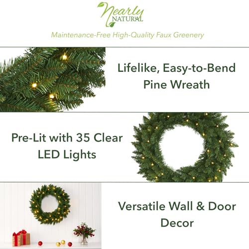 Artificial Pine Wreath with 35 LED Lights - 24 Inch Holiday Decor
