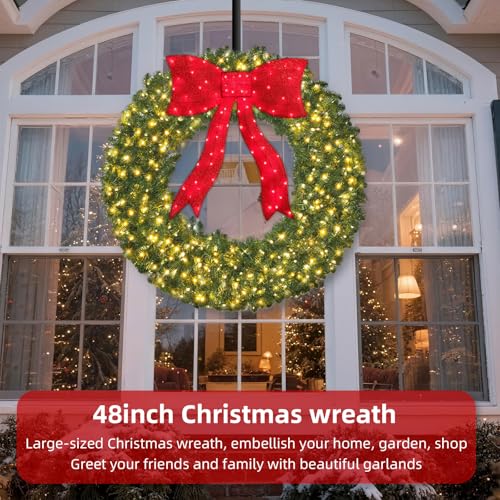 48in Pre-Lit Christmas Wreath with Bow, 270 LED Lights, Timer, Remote, Outdoor Decor