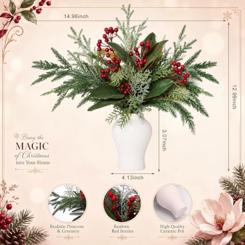 Magnolia Berry Christmas Table Centerpiece - Artificial Holiday Decor for Small Spaces