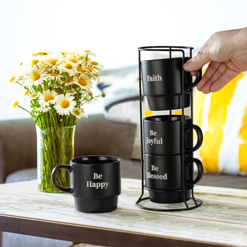 Be Happy Matte Black Stackable Coffee Mug Set with Metal Rack - 15oz, Large, Inspirational Messages