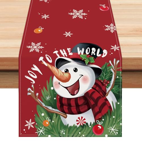 Bonhause Red Snowman 13x72 Inch Table Runner – Winter Holiday Christmas Dining Decor