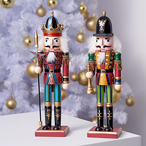 THE TWIDDLERS 2 Pack 12-Inch Wooden Nutcracker Christmas Decor with King & Guard Soldier (Red) - Festive Holiday Figures with Gift Box, Pikeman & Bugler Variants