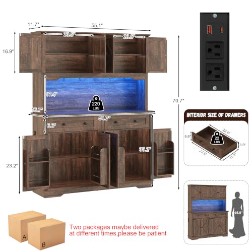 71-Inch Farmhouse Kitchen Pantry Cabinet with Power Outlet and LED Lighting