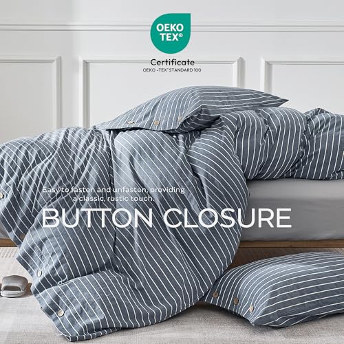 100% Washed Cotton Striped Twin Duvet Cover Set with Coconut Buttons