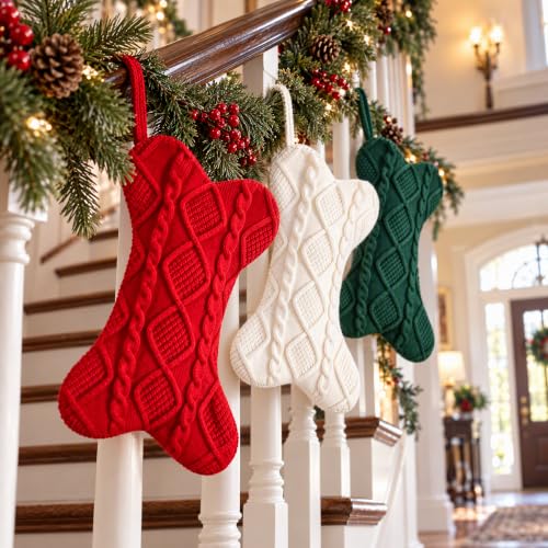 Bone-Shaped Dog Christmas Stocking 3-Pack with Cable Knit, Large 16.5 x 9.6 in