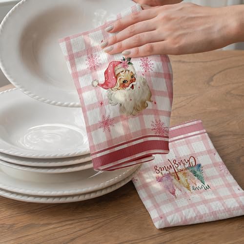 Geuro Pink Christmas Kitchen Towels Set of 2 - Santa & Holiday Design, 16x24 Inch, Festive Home Decor