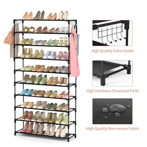 10-Tier Tall Shoe Rack - Large Capacity 40-Pair Shoe Organizer with Hooks