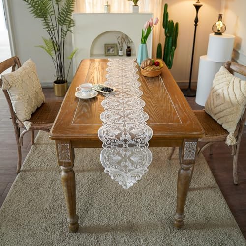 ARTABLE Off White Lace Table Runner Macrame Dresser Scarf 10x47 Inch - Variation Offwhite-2