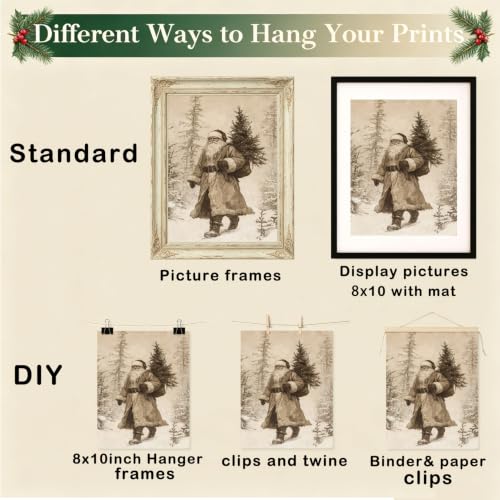 Vintage Christmas Wall Art Set - 8x10 Inches Holiday Prints Unframed - Variation of 10x8 Inch