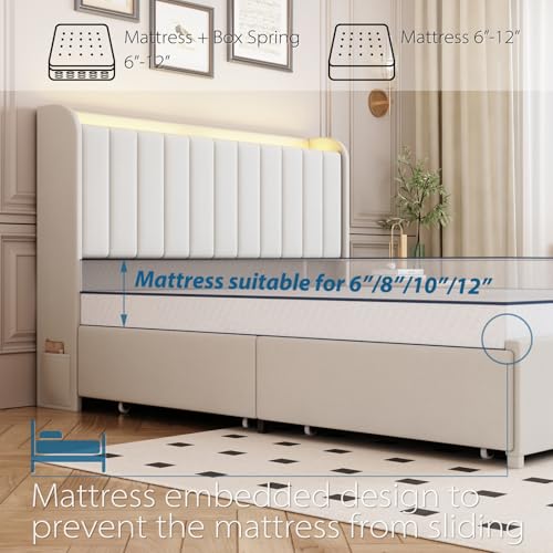 Full Size Upholstered Platform Bed Frame with 4 Storage Drawers & LED Lights