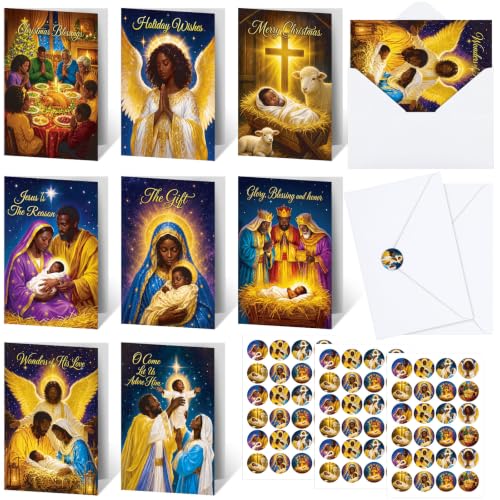 Dunzoom 120-Pack African American Nativity Christmas Cards Set — 8 Designs, 15 Each (Includes Envelopes & Stickers) Black Nativity