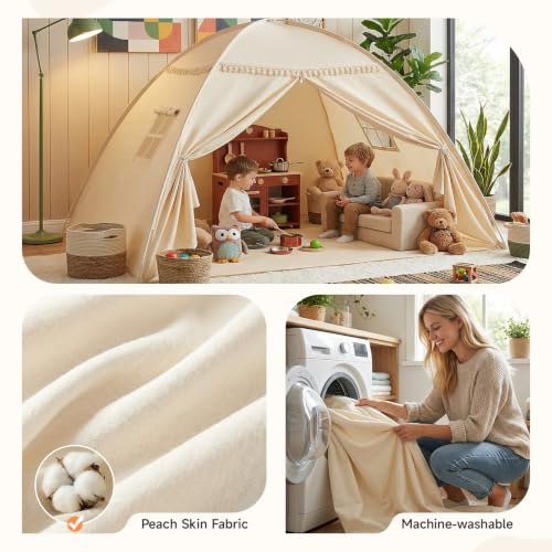 Kids Indoor Twin Bed Tent Canopy with Star Lights & Flags - Golden Beige