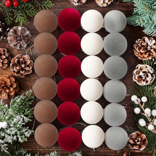 Menkxi 24 Pcs Velvet Christmas Ornaments Set - Flocking Ball, Colorful, 1.97''