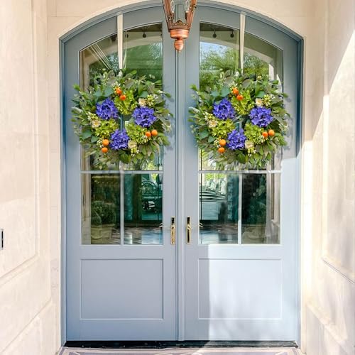 24-Inch Silk Hydrangea Wreath with White Blossoms and Mini Mandarins