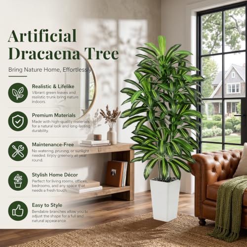 5FT Artificial Dracaena Tree with White Planter - Lifelike Indoor Faux Plant