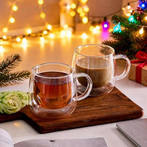 Set of 2 Double Wall Glass Coffee Mugs 10 oz with Handle - RDLBBS