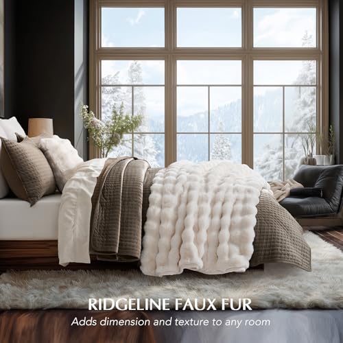 Ivory Faux Rabbit Fur Throw Blanket, 60x80 Inch Sculpted Bubble Texture
