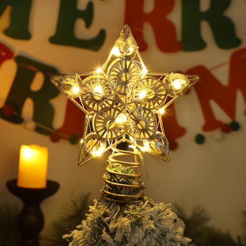 Gold Lighted Star Christmas Tree Topper with 20 Warm White LED Lights