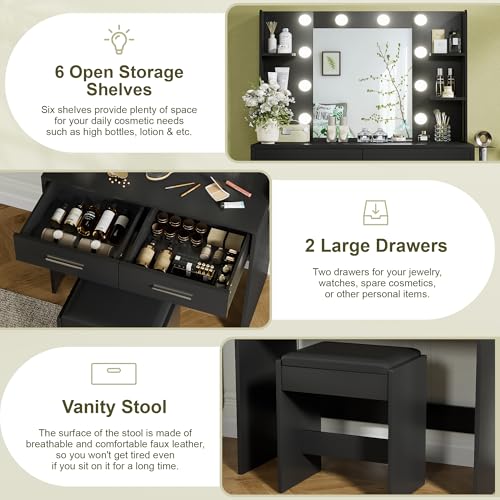 Vanity Desk with Lighted Mirror, Drawers, Power Outlet and Bench - Black