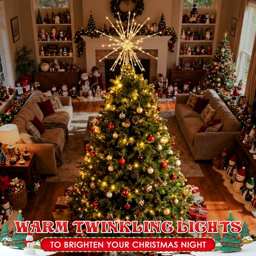 Meonum LED Starburst Christmas Tree Topper with Timer, Golden 16in