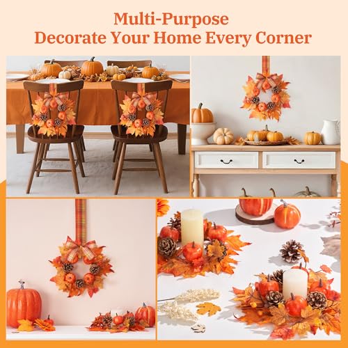 2-Pack Mini Fall Wreaths with Plaid Ribbons - Candle Ring Decor for Table